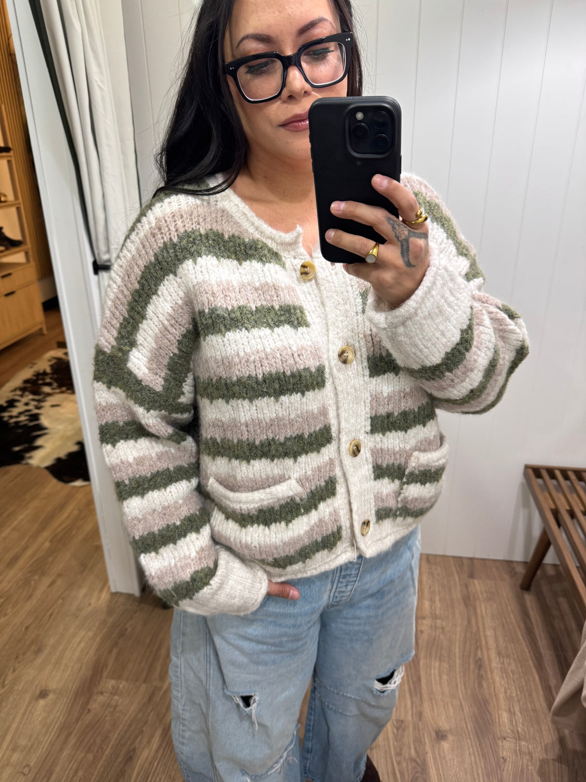 The Right Time stripe texture button front cardigan