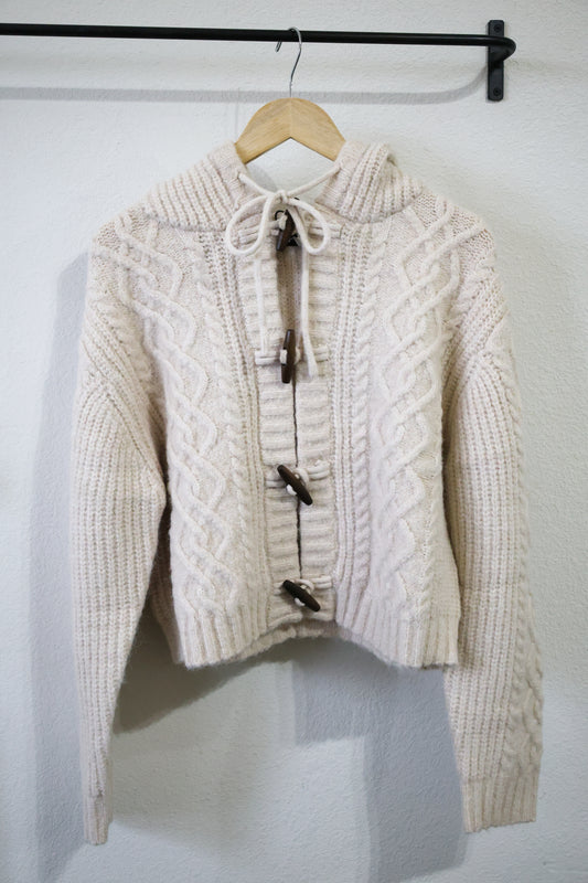 Miou Muse- Long Sleeve cable Knit Cardigan With Toggle front and Hood