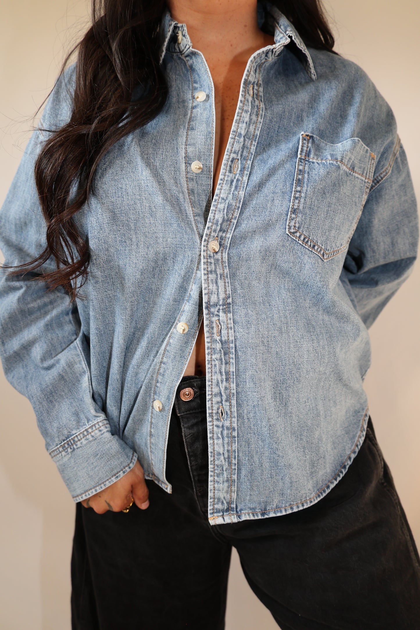 Missed Your Call washed denim button down shirt