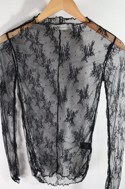 By Together - Knit Jacquard Lace Long Sleeve Mock Neck Top