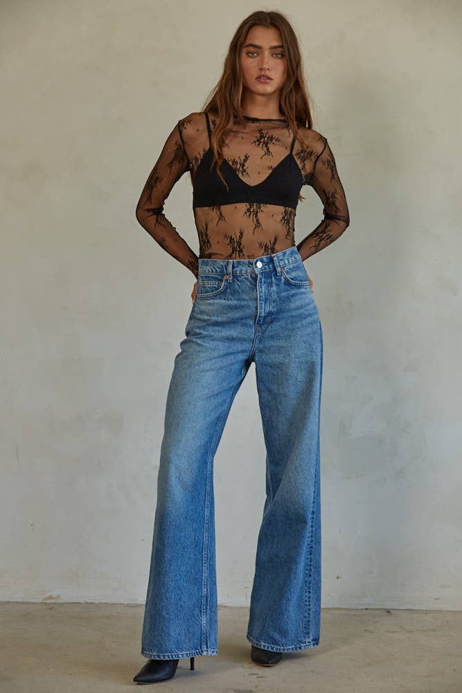 By Together - Knit Jacquard Lace Long Sleeve Mock Neck Top