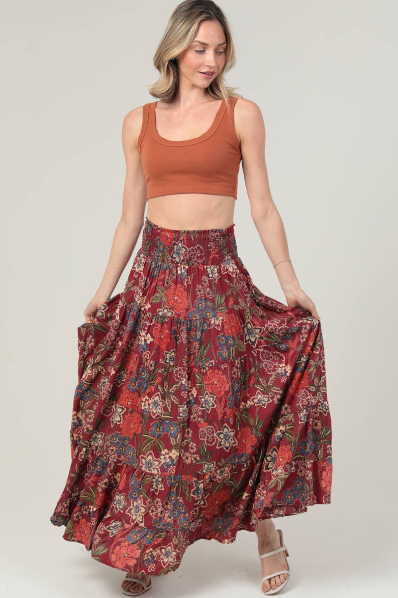 ANGIE -TIERED A LINE SMOCKED WAIST PRINTED MAXI SKIRT