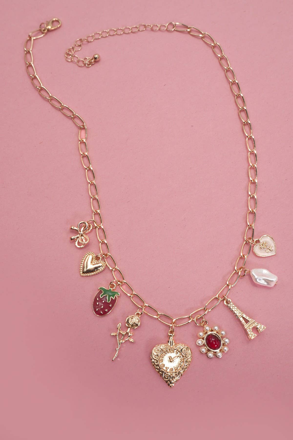JOSSLYN by wall to wall - CHARM NECKLACE-HEART BOW ROSE STRAWBERRY EIFFEL