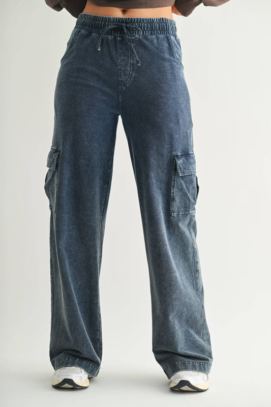 Mono B - Mineral Wash Wide Leg Cotton Cargo Pants