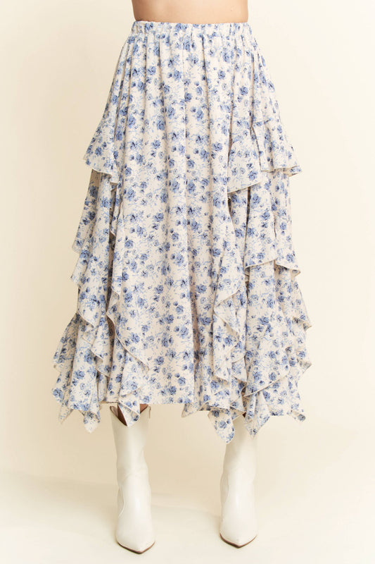 Davi & Dani - FLORAL ELASTIC WAISTBAND RUFFLE TIERED MAXI SKIRT