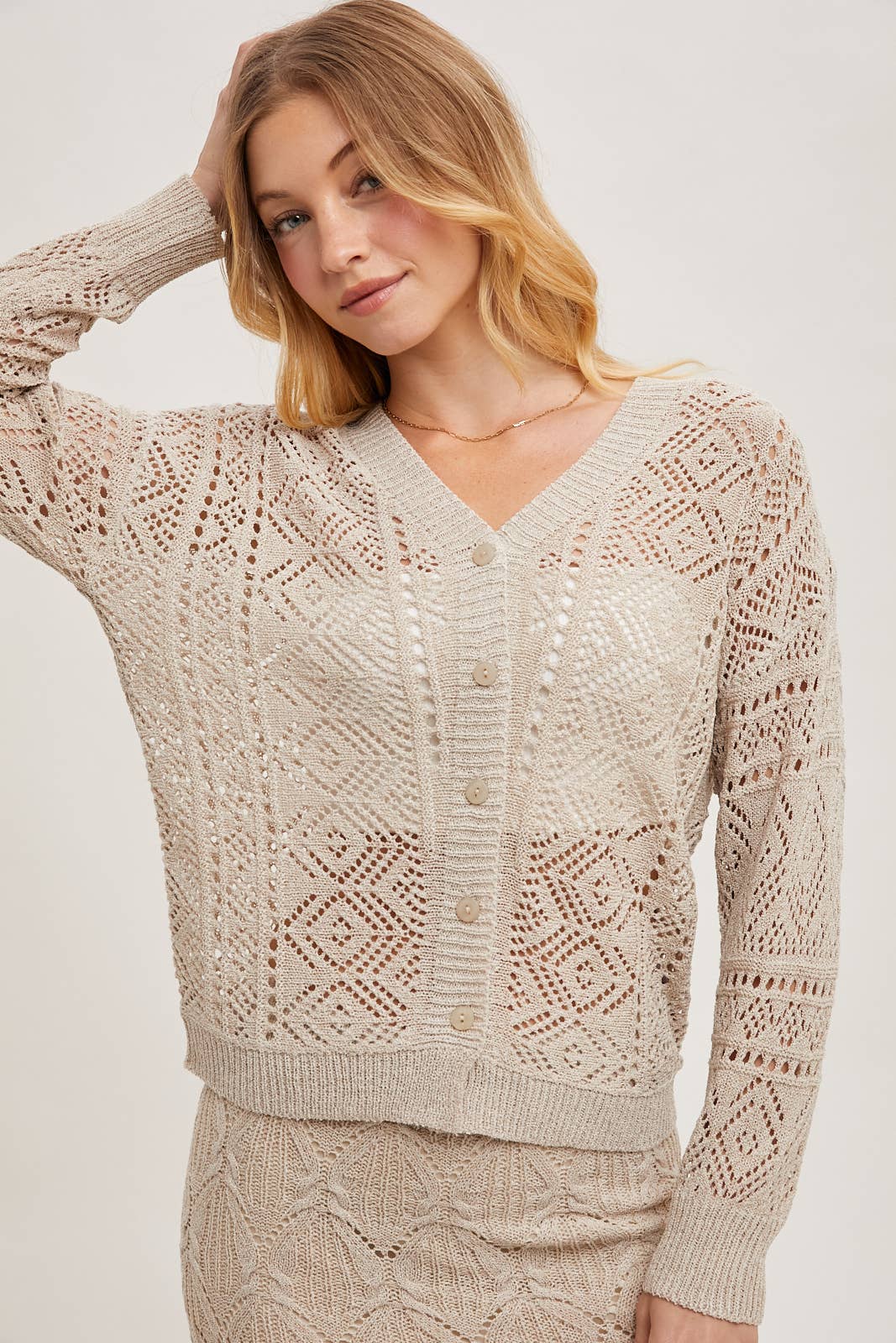 Bluivy - OPEN KNIT BUTTON DOWN V-NECK CARDIGAN