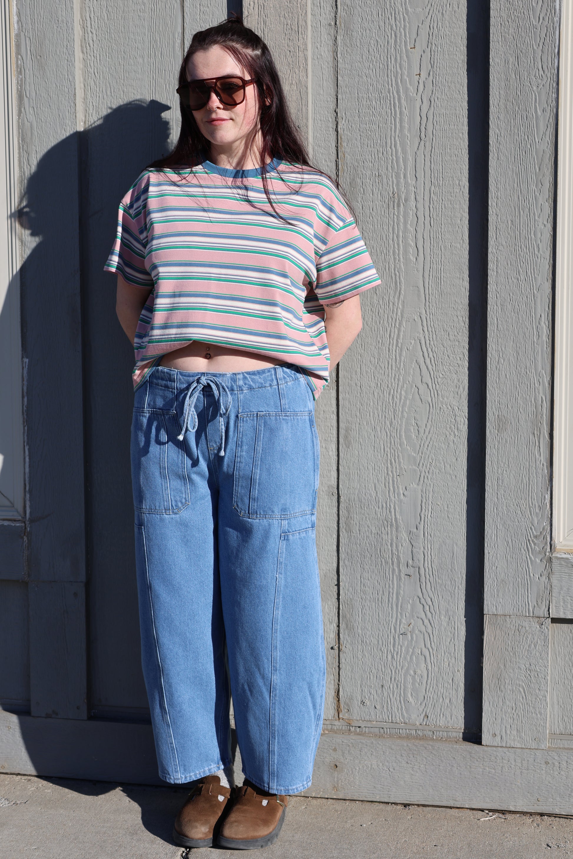Striped short sleeve shirt, 90’s inspired tee, barrel pants