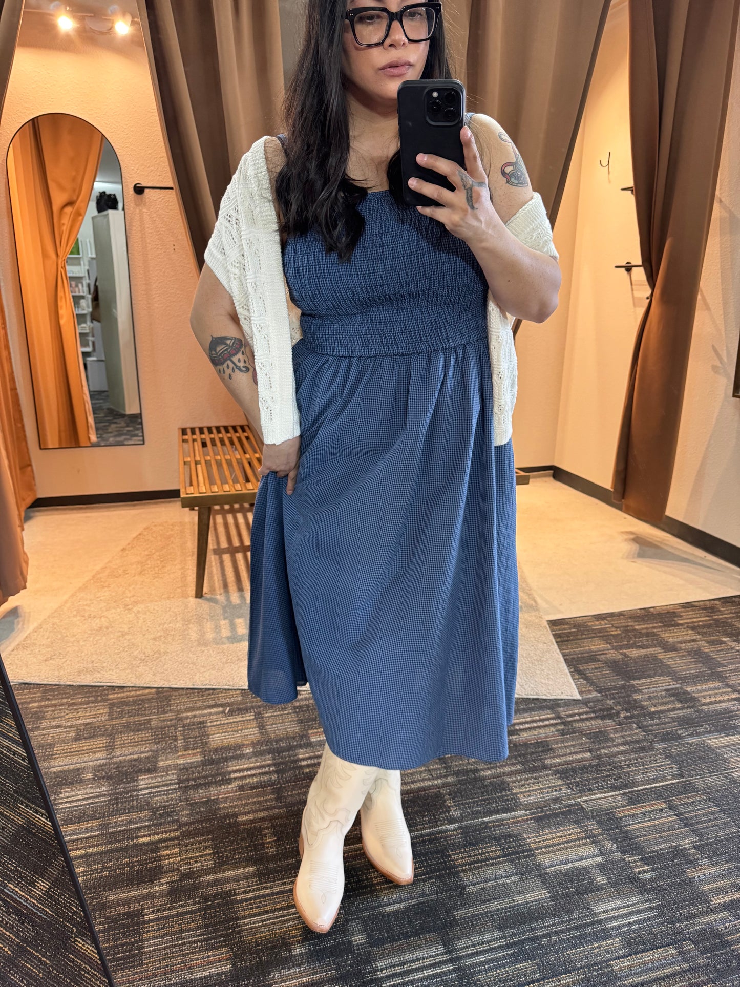 Things Between - Blue/Black Gingham Smocked Bodice Midi Dress
