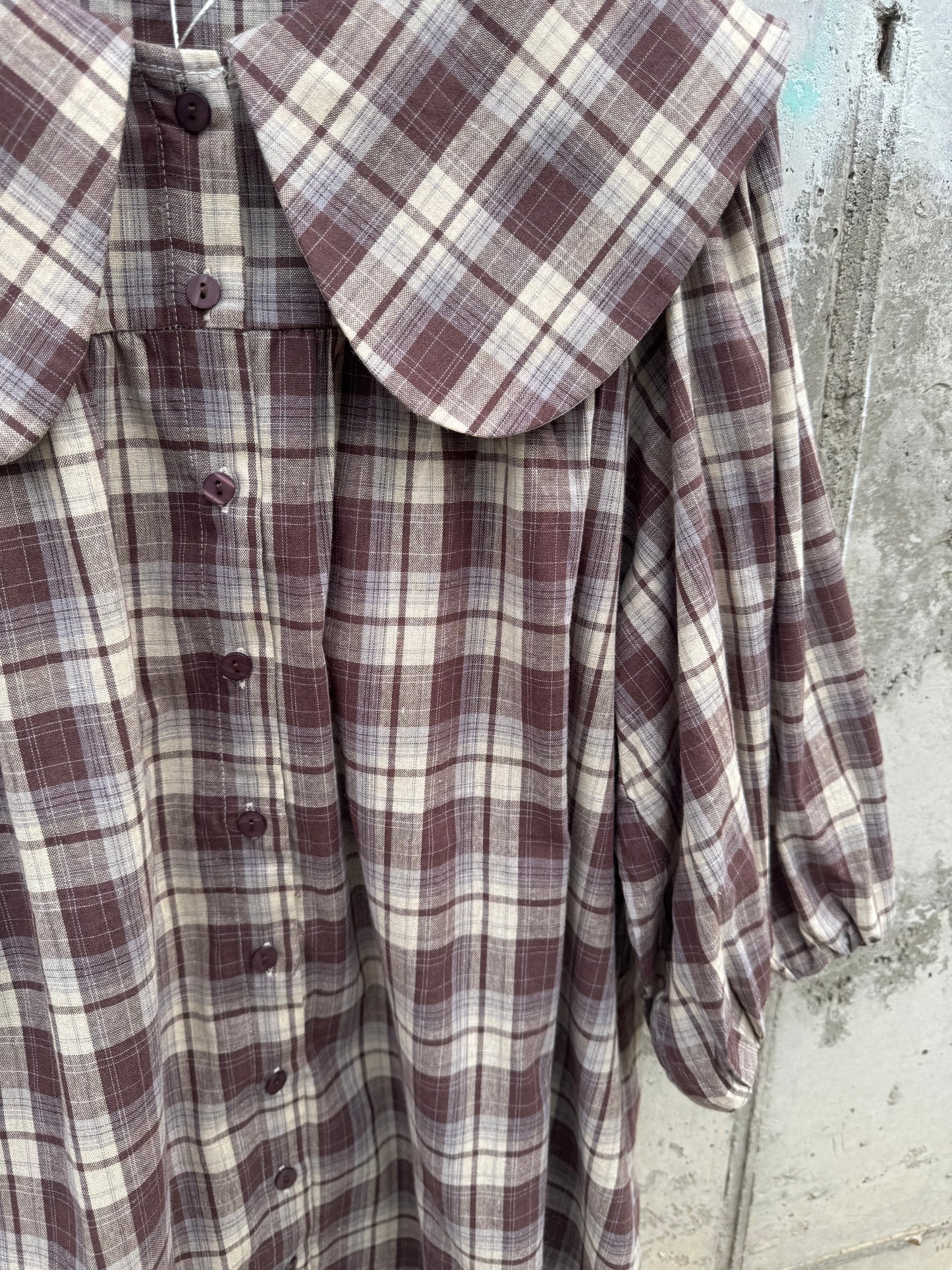 Wishlist - Brown Plaid Puffed Sleeve Collared Dress
