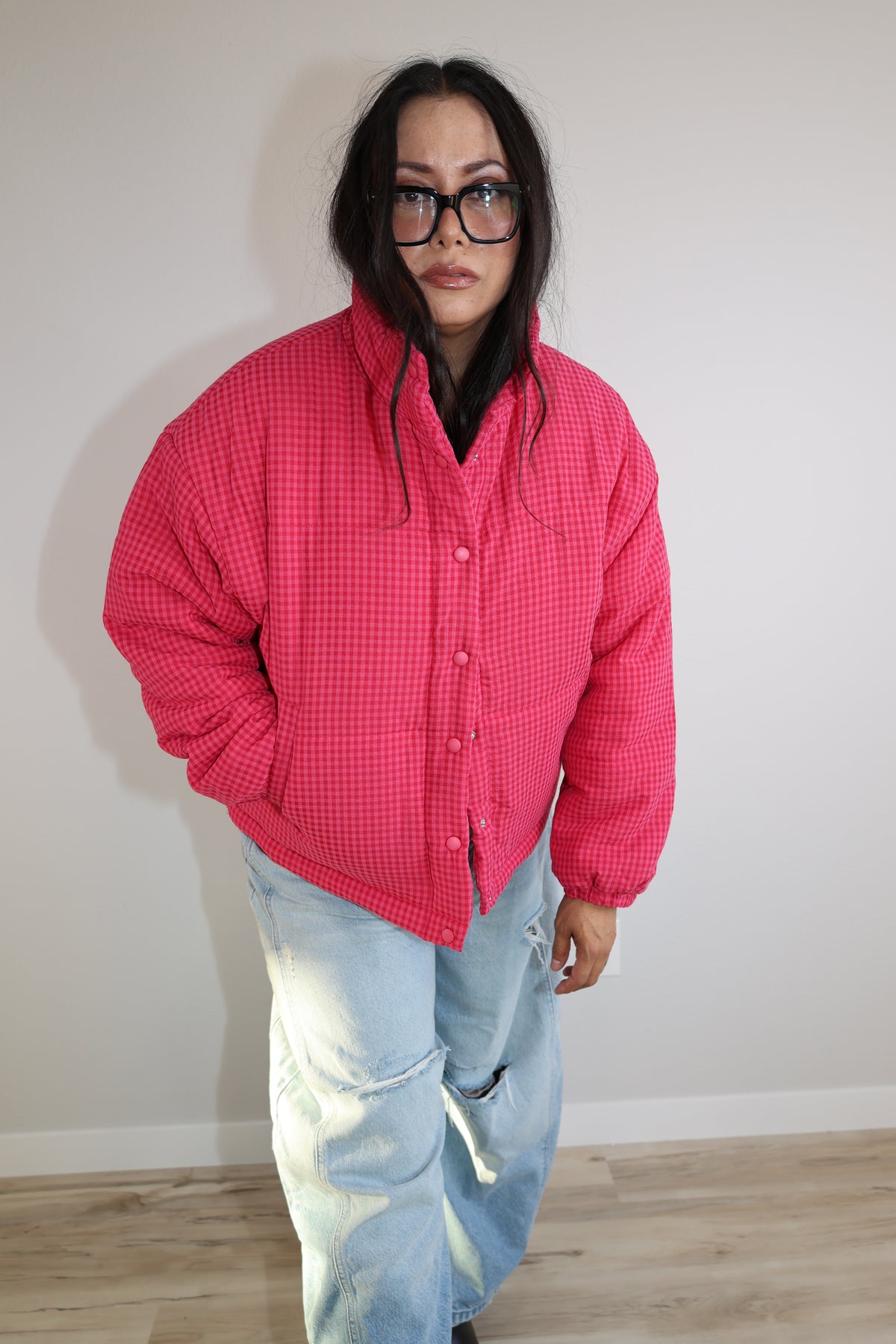 Call Me Later checkered puffer jacket