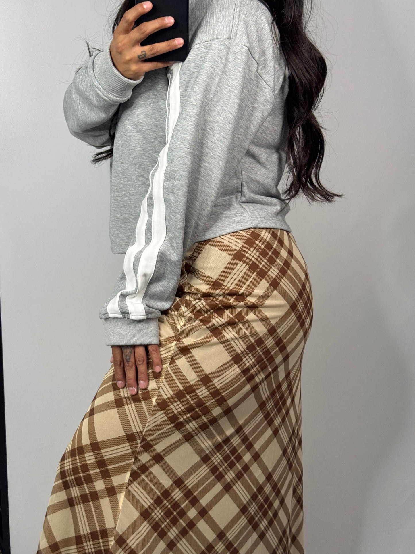 Wishlist - Brown/Multi Plaid Meshed Midi Skirt