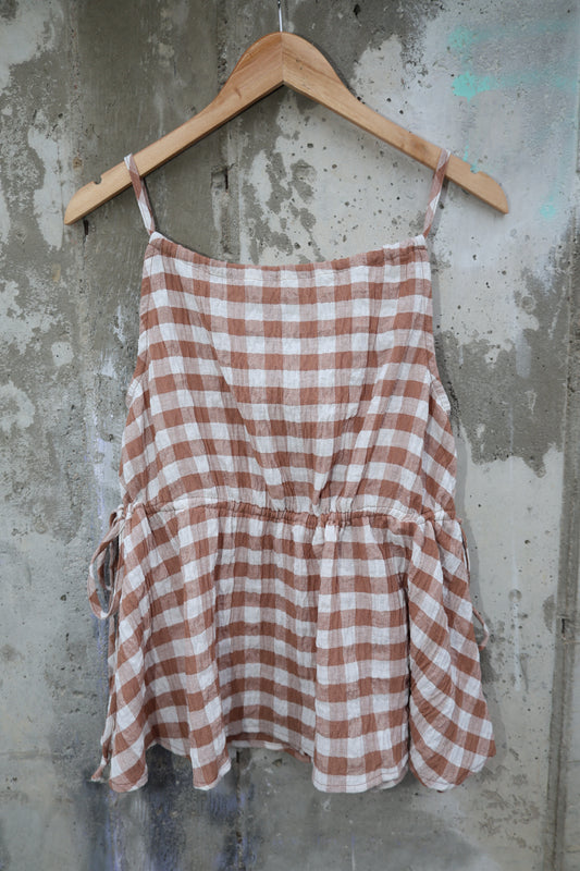 Miou Muse - Brown Gingham Loose Fit Tie-back Tank