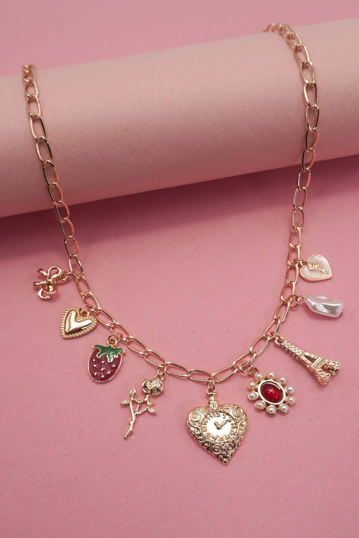 JOSSLYN by wall to wall - CHARM NECKLACE-HEART BOW ROSE STRAWBERRY EIFFEL
