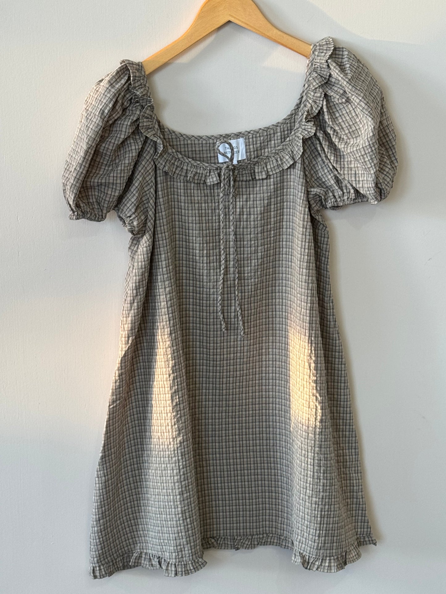 Things Between - Taupe Plaid Puffed Sleeve Mini Dress