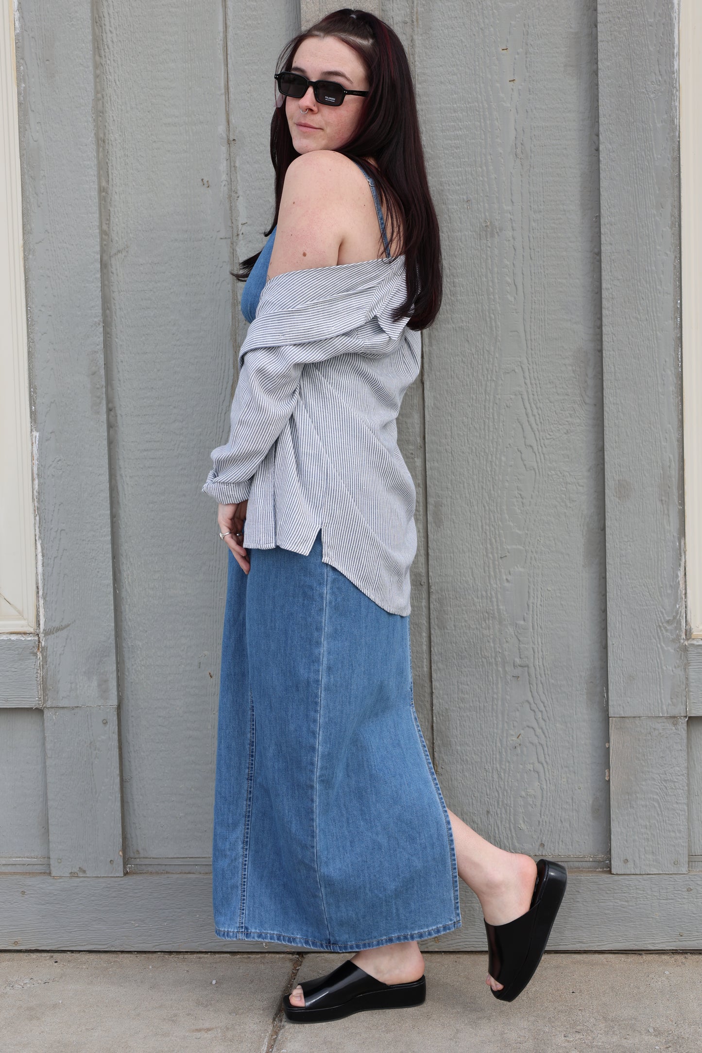 MIOU MUSE - Lightweight Denim Long Dress w/ Slit