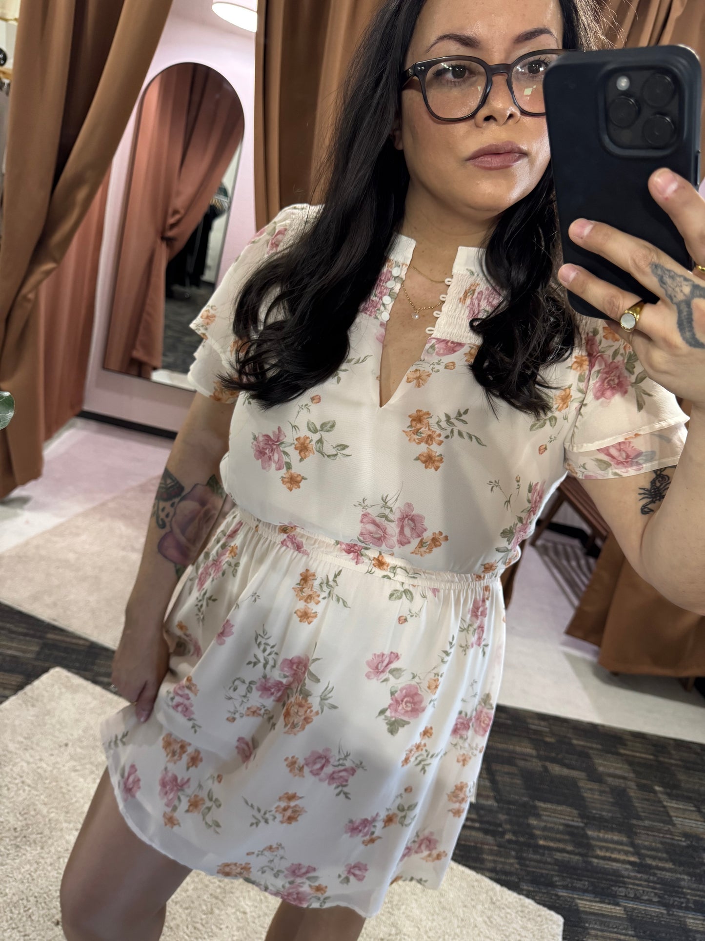 Lovestitch - Floral Smocked Yoke Flutter Sleeve Mini Dress