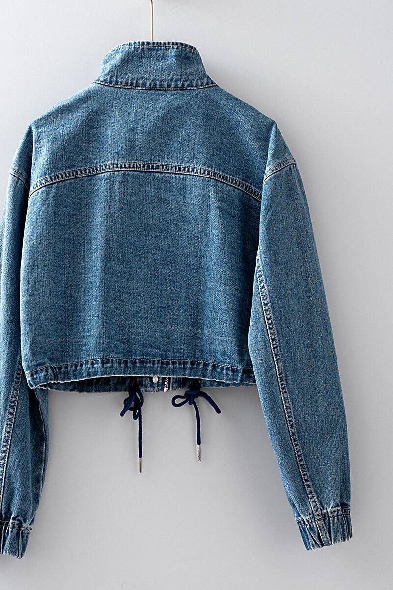 Urban Daizy - Utility Cropped Drawstring Hem Stand Collar Denim Jacket