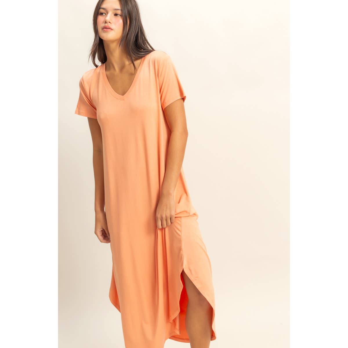 HYFVE-V-Neck Short Sleeve Midi Dress