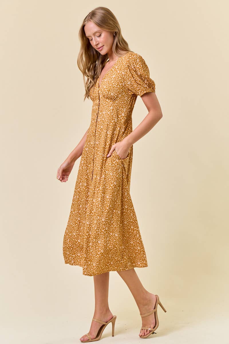 Doe and Rae - DITSY FLORAL PRINT V-NECK PUFF SHORT SLEEVE DRESS