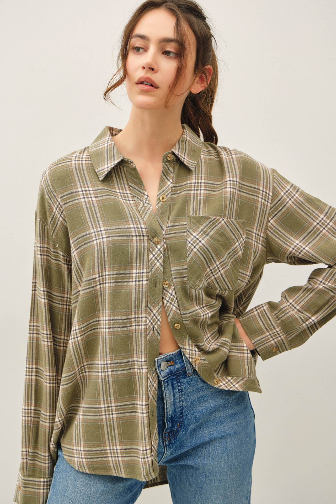 Be Cool - OLIVE PLAID FLANNEL SHIRT