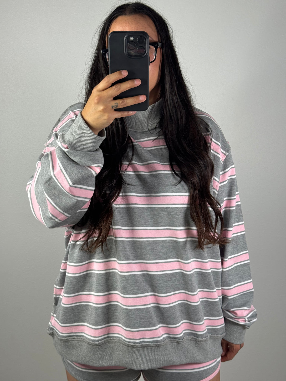 What's Your Sign stripe oversized mock neck sweatshirt