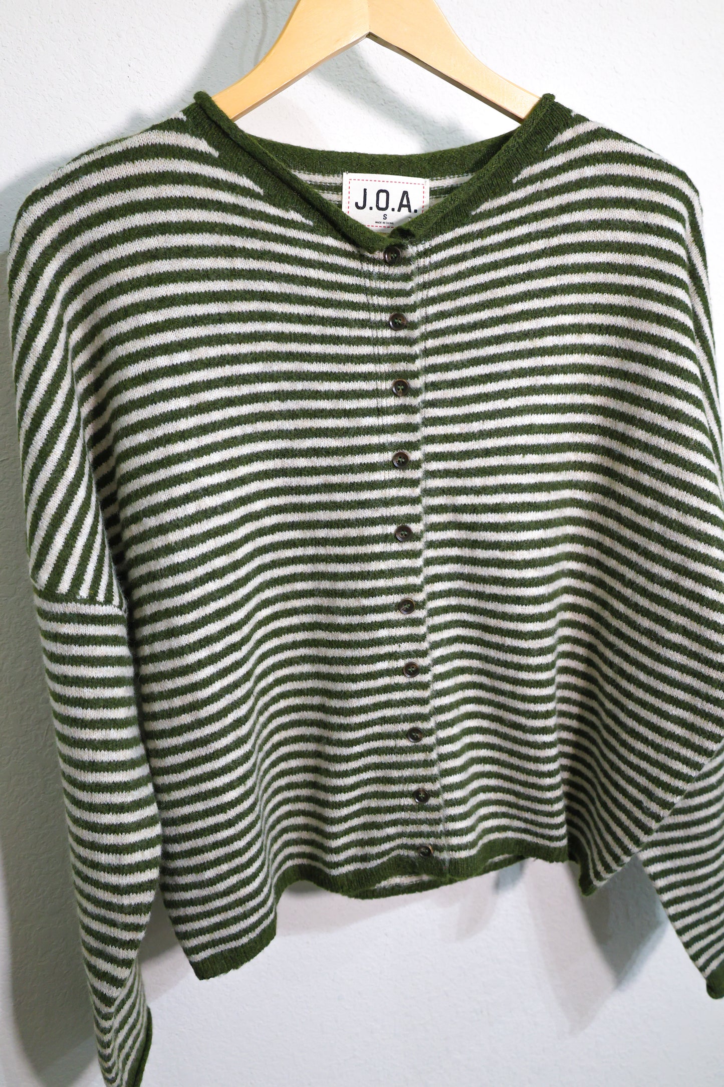 Blu Pepper- Green Striped Raw Edge knit cardigan