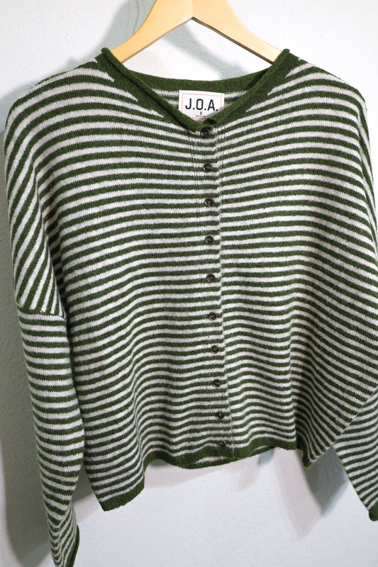 Blu Pepper- Green Striped Raw Edge knit cardigan