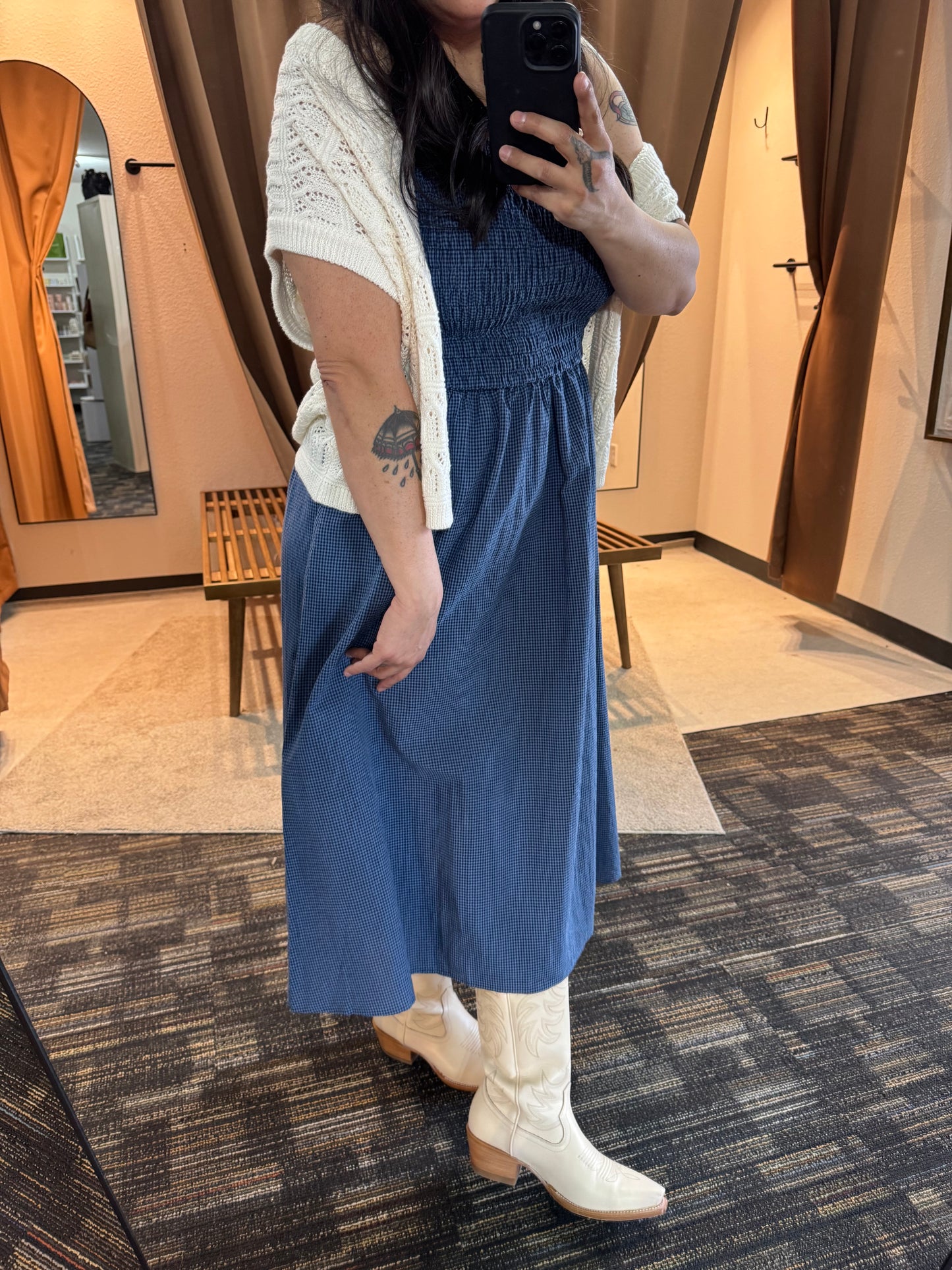 Things Between - Blue/Black Gingham Smocked Bodice Midi Dress