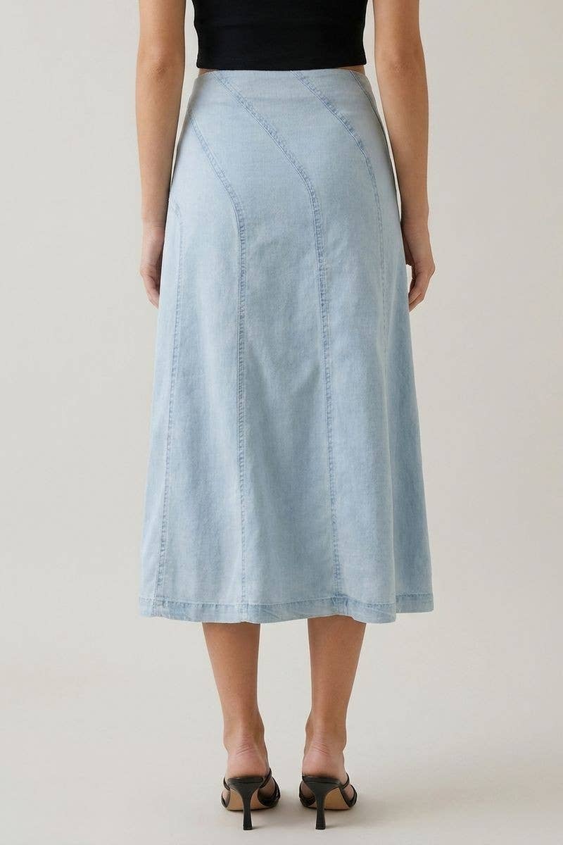 Doe and Rae - DENIM DIAGONAL LINE DETAIL MIDI SKIRT - 6640S