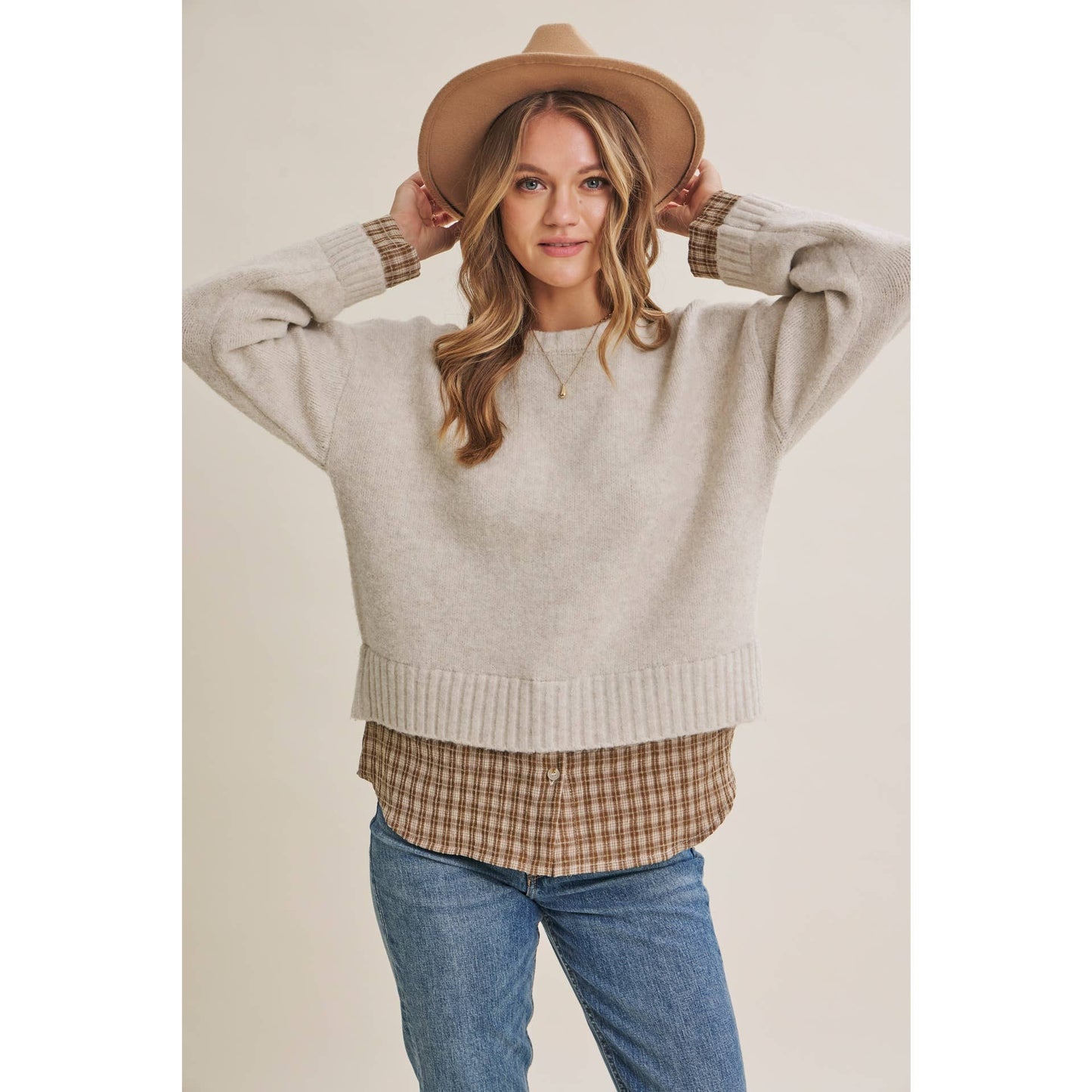 in february - COUNTRY ROAD LAYERED PLAID HEM TWOFER SWEATER TOP