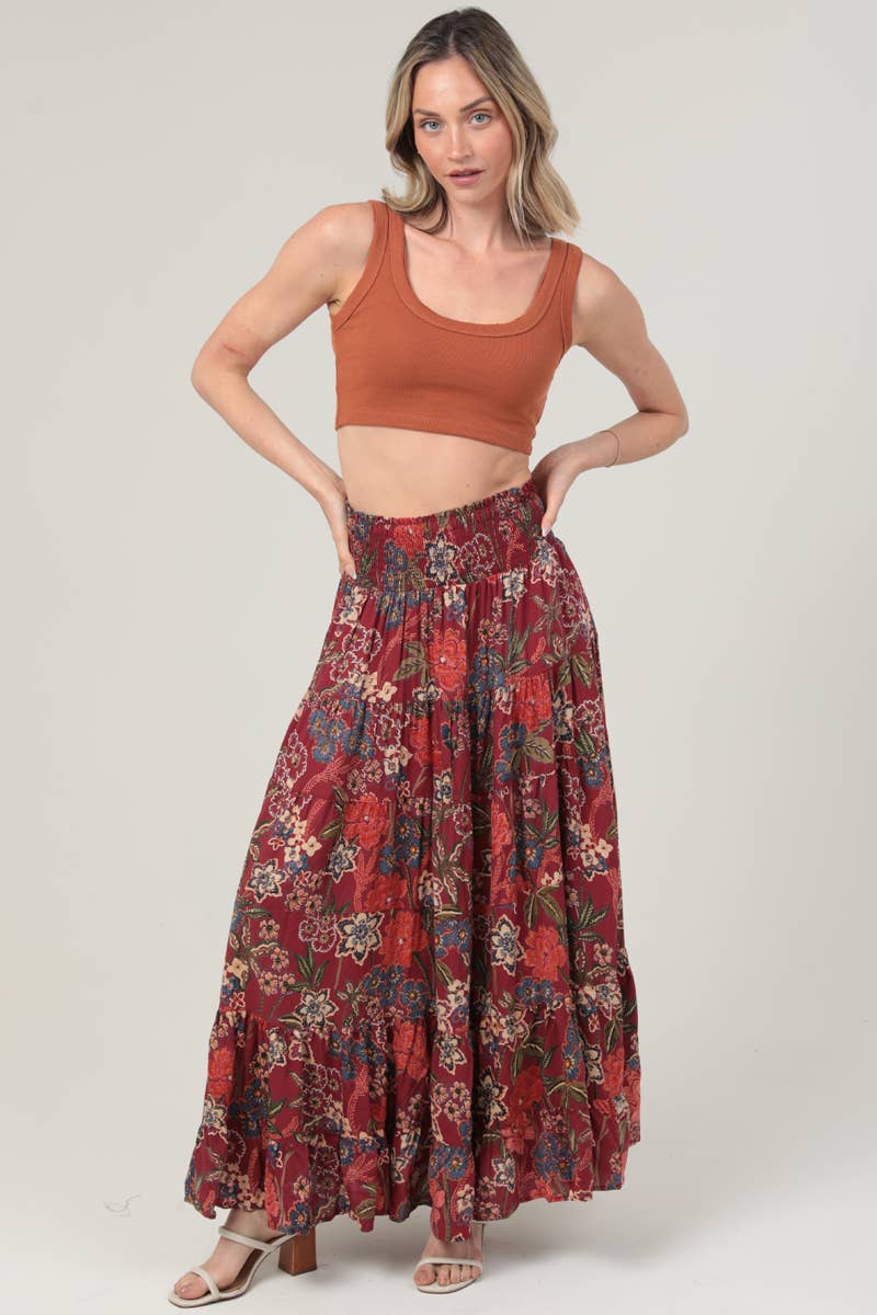 ANGIE -TIERED A LINE SMOCKED WAIST PRINTED MAXI SKIRT
