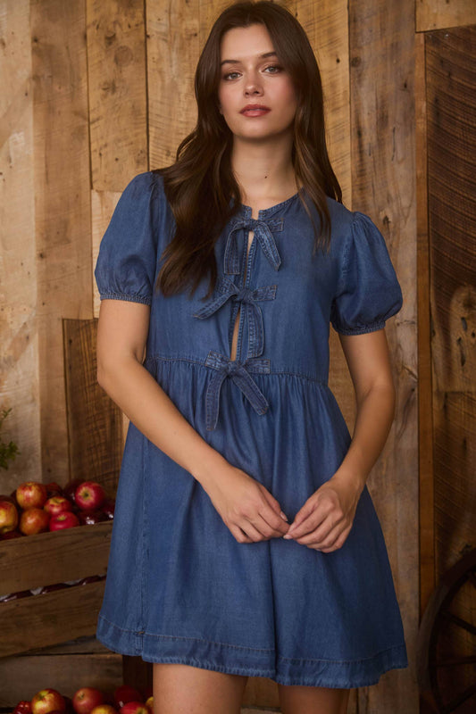 Blu Pepper - DARK CHAMBRAY FRONT TIE PUFF SLEEVE MINI DRESS