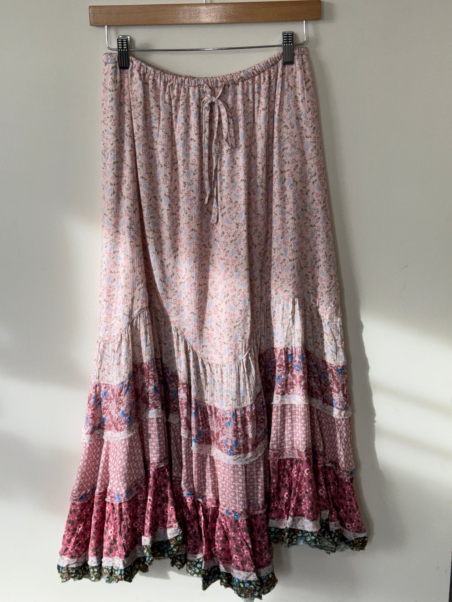 Mustard Seed - Pink/Multi-color Wavy Tiered Maxi Skirt w/ Drawstring