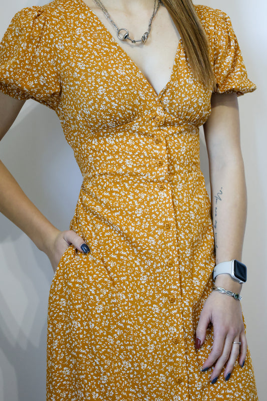 Doe and Rae - DITSY FLORAL PRINT V-NECK PUFF SHORT SLEEVE DRESS