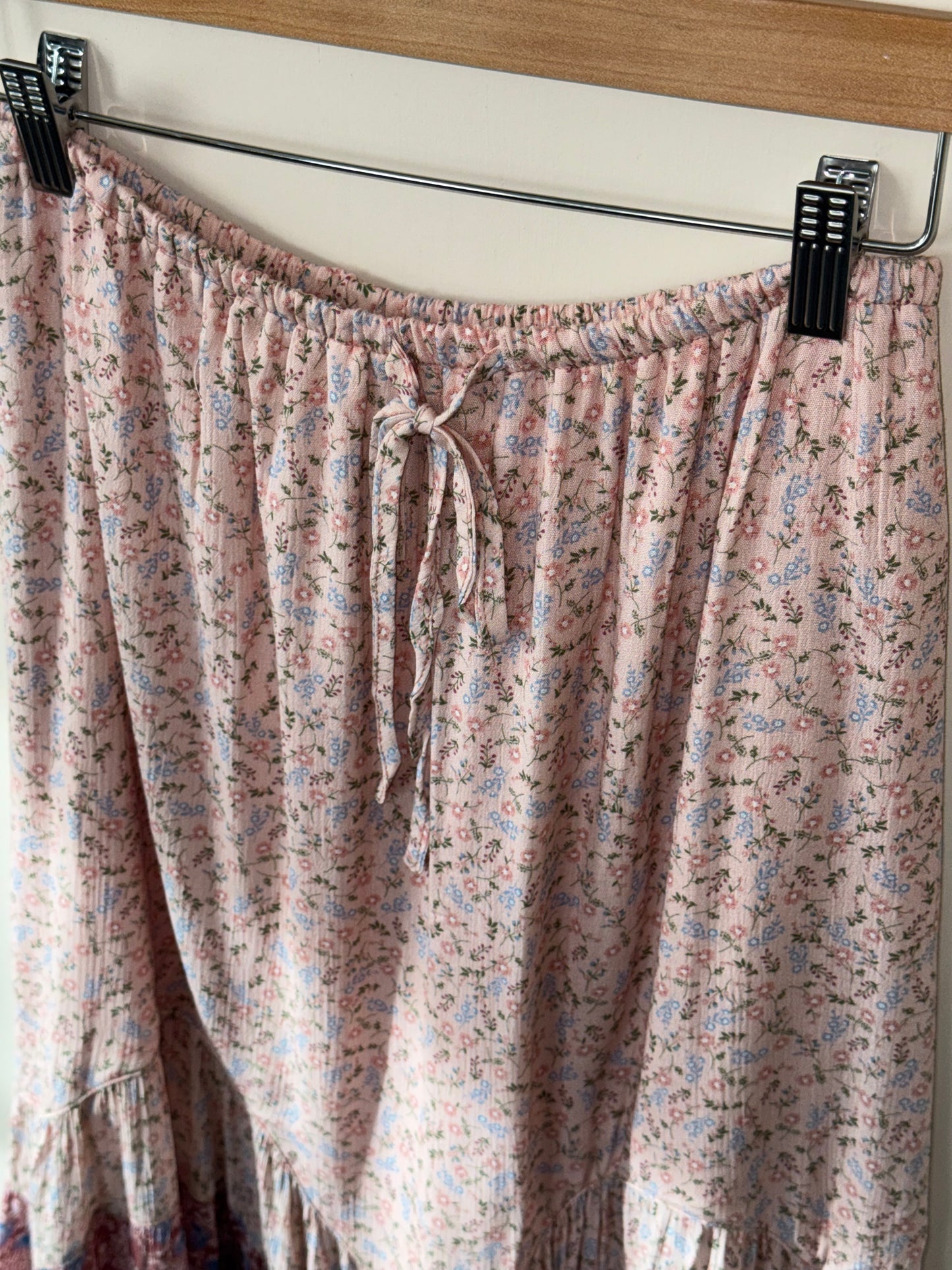 Mustard Seed - Pink/Multi-color Wavy Tiered Maxi Skirt w/ Drawstring