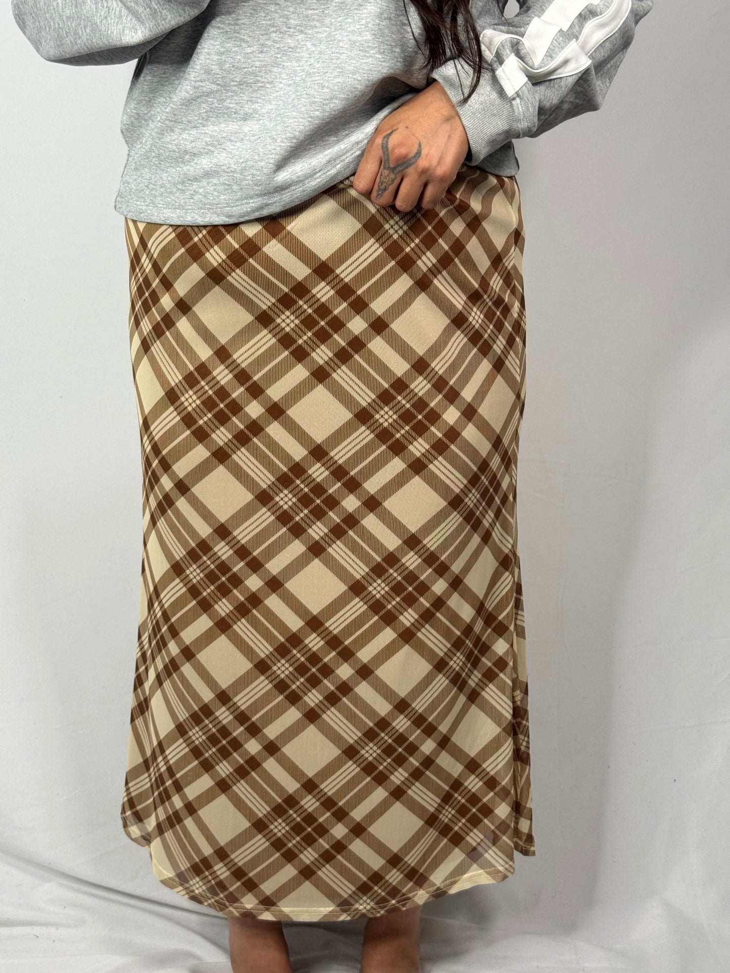 Wishlist - Brown/Multi Plaid Meshed Midi Skirt