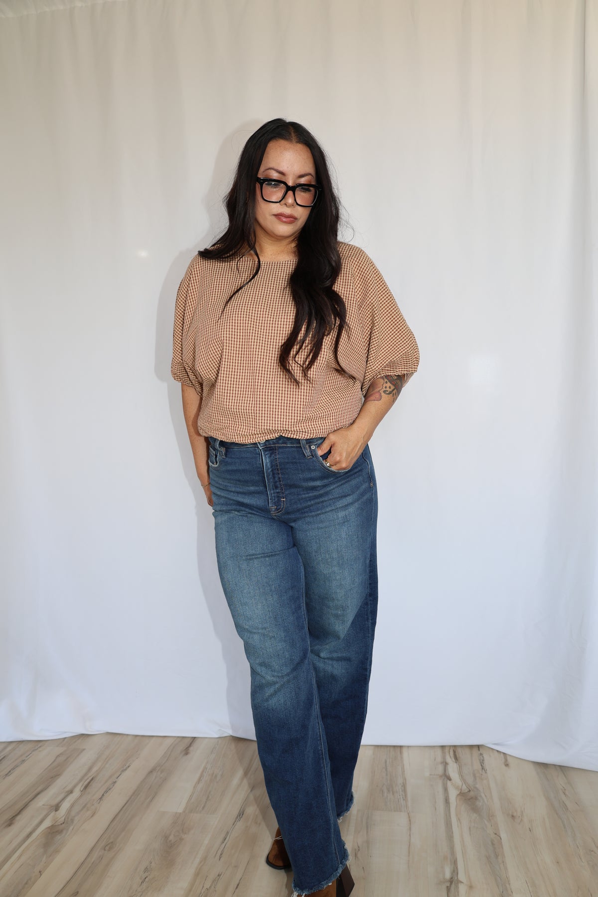Let The Leaves Fall crop gingham dolman sleeve top