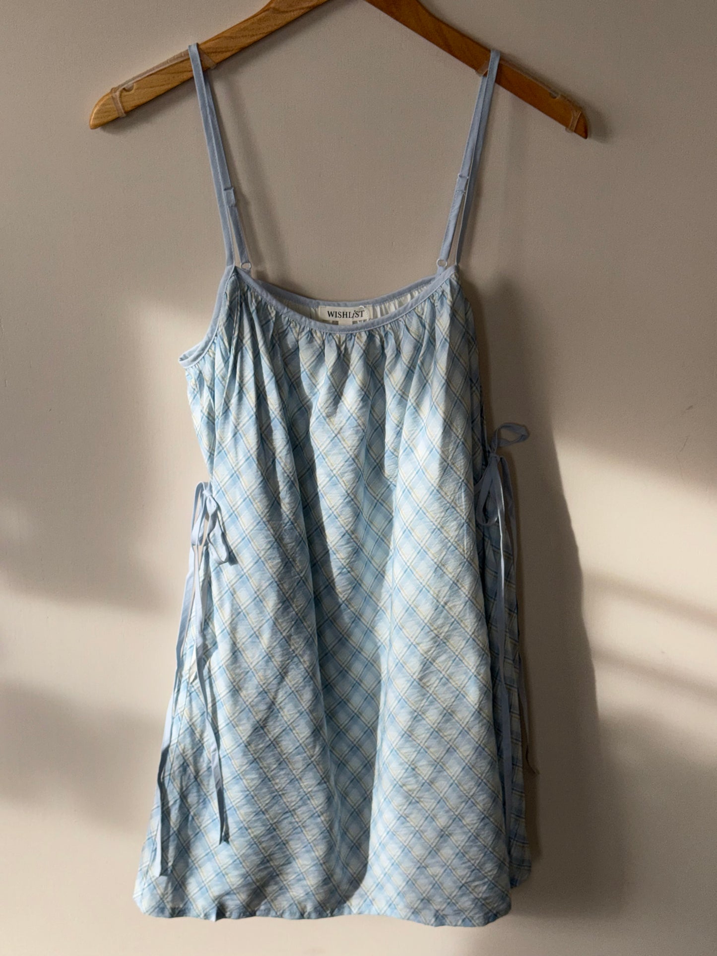 Wishlist - Blue/White Plaid Spaghetti Strap Mini Dress w/ Side-tie Detail
