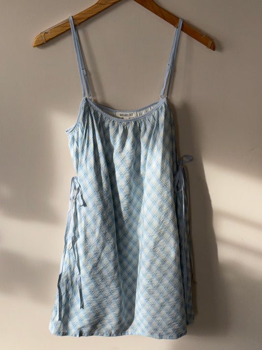 Wishlist - Blue/White Plaid Spaghetti Strap Mini Dress w/ Side-tie Detail