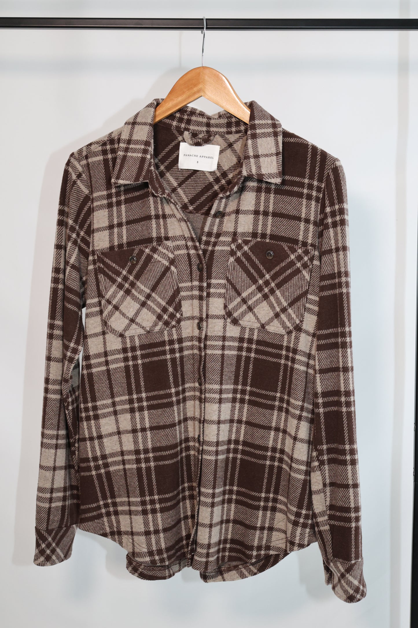 Panache Apparel Co. - Chocolate Brown & Tan Plaid Button Up