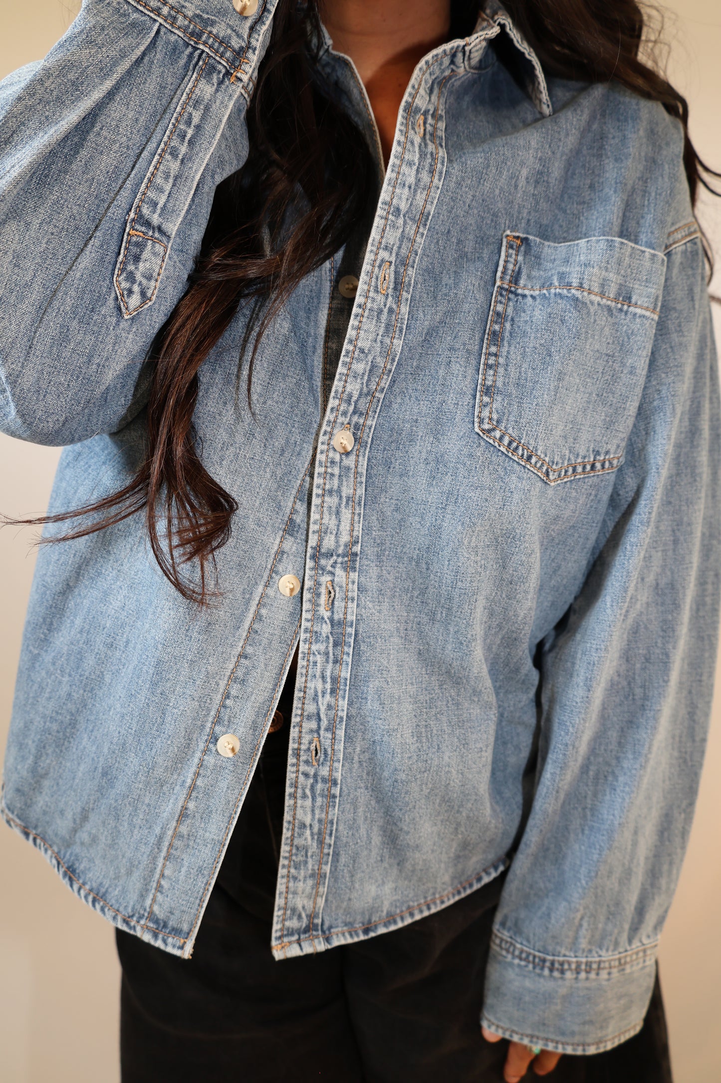 Missed Your Call washed denim button down shirt