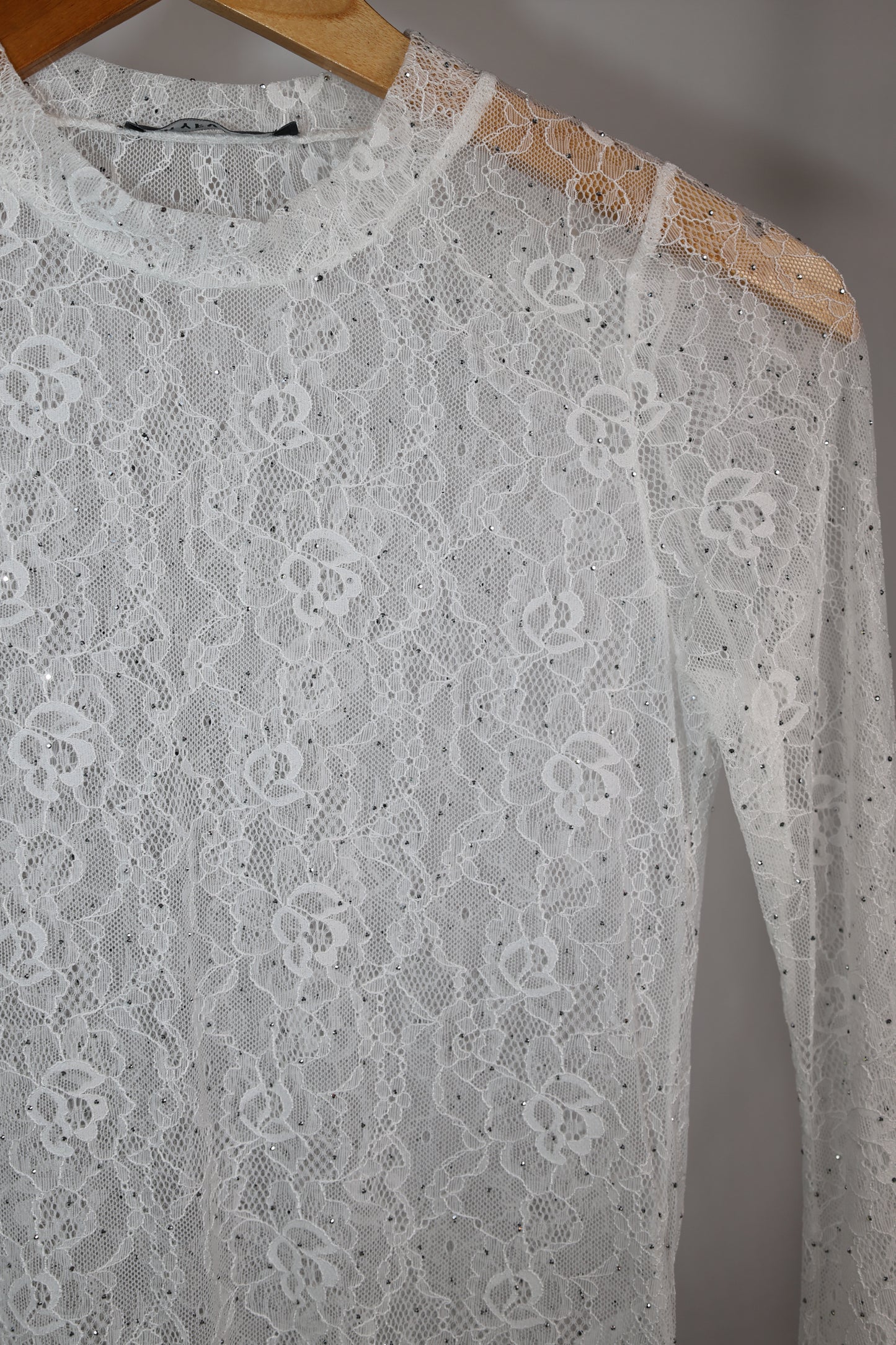 Hyfve - White Lace Mockneck Shirt w/ Mini Rhinestones