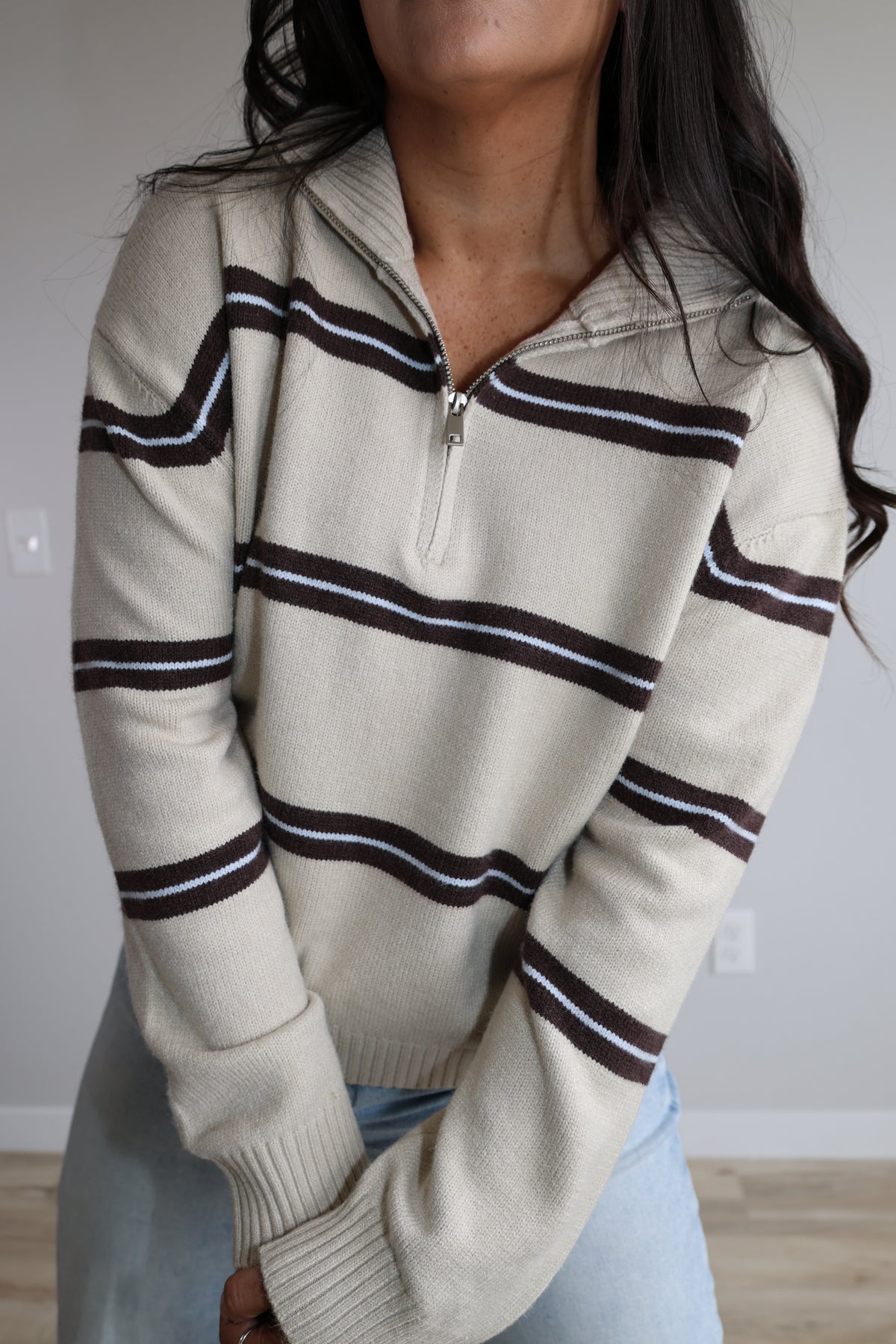 Take The Long Way striped zip up mock neck sweater