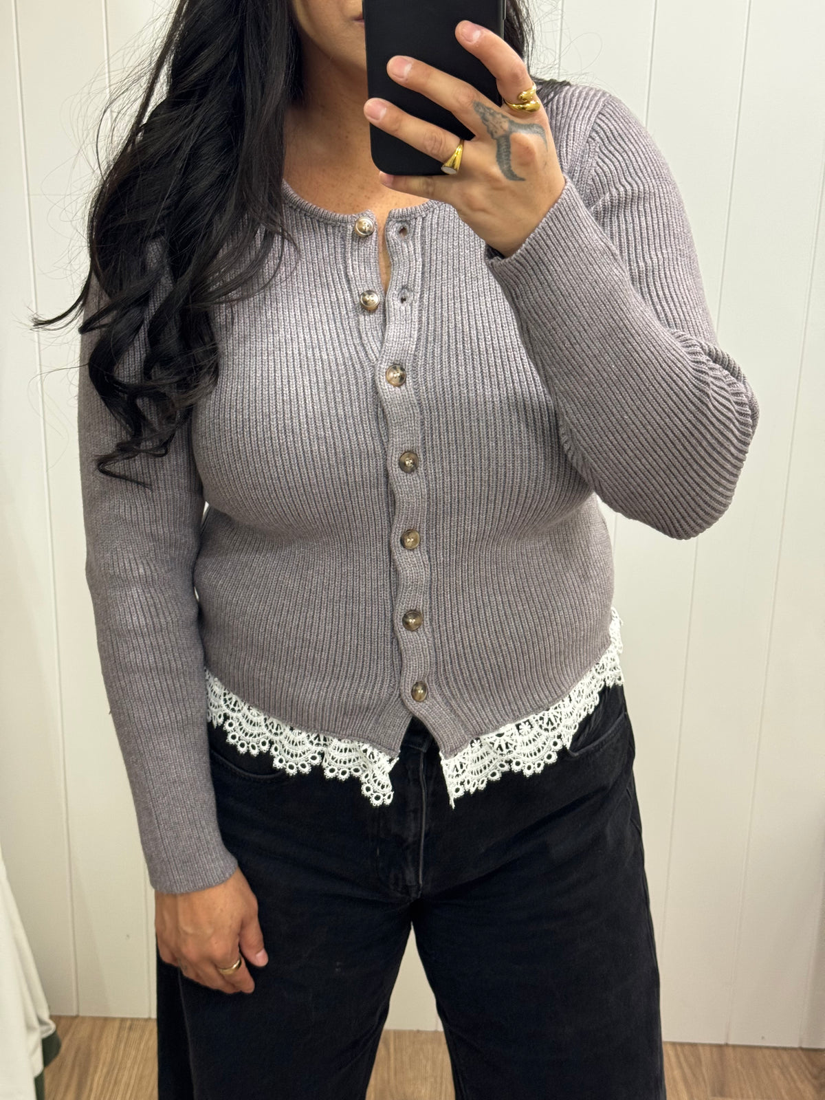 Tea On The Terrace ribbed knit lace trim cardigan