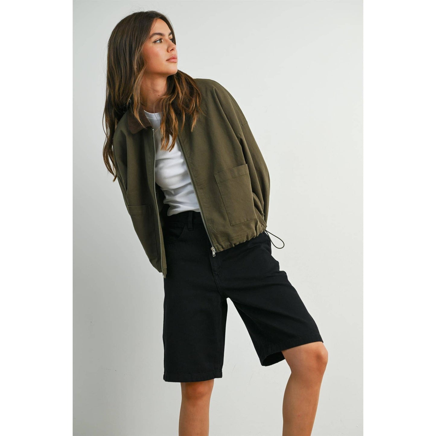 BUTTERMELON - Collared Zip-Up Drawstring Jacket