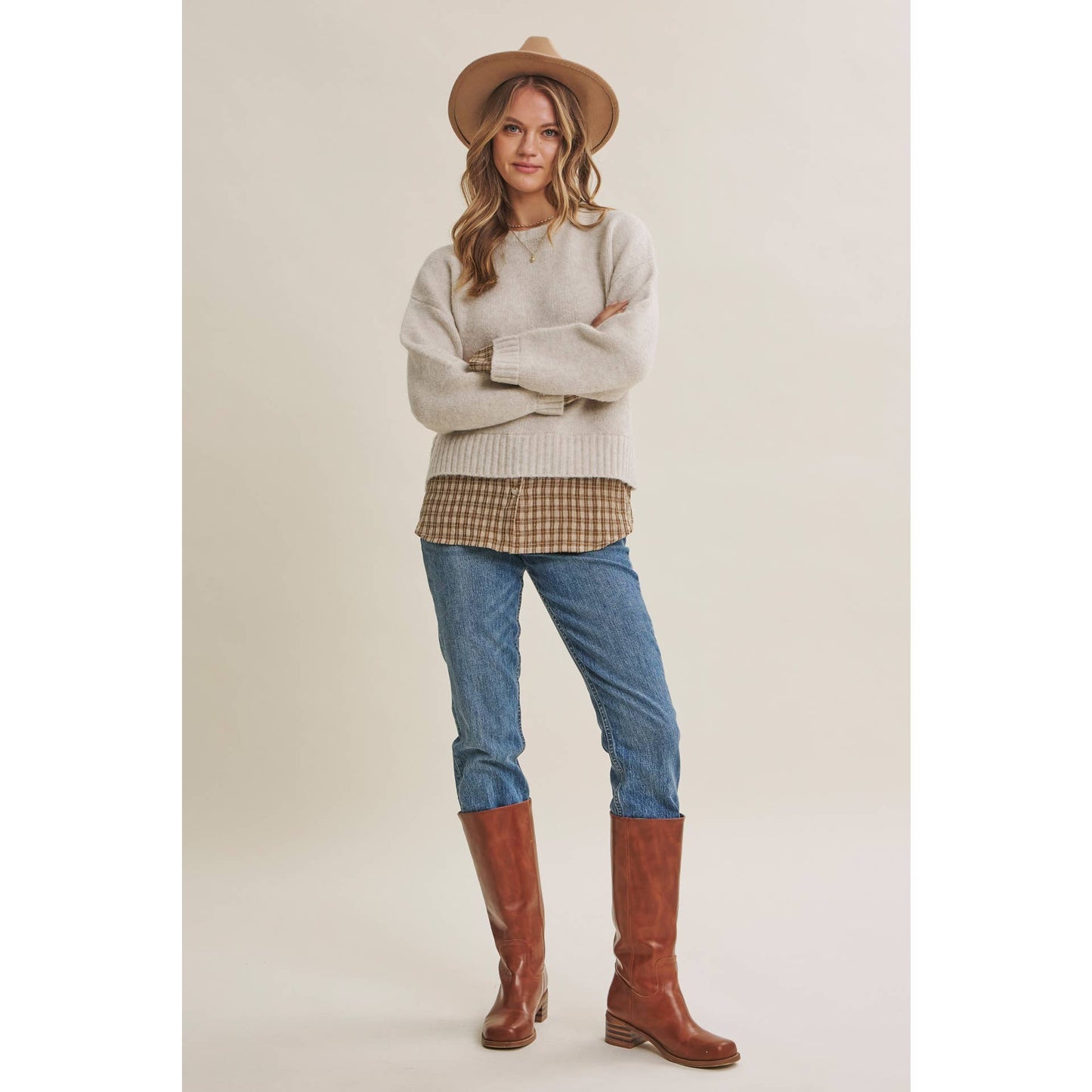 in february - COUNTRY ROAD LAYERED PLAID HEM TWOFER SWEATER TOP