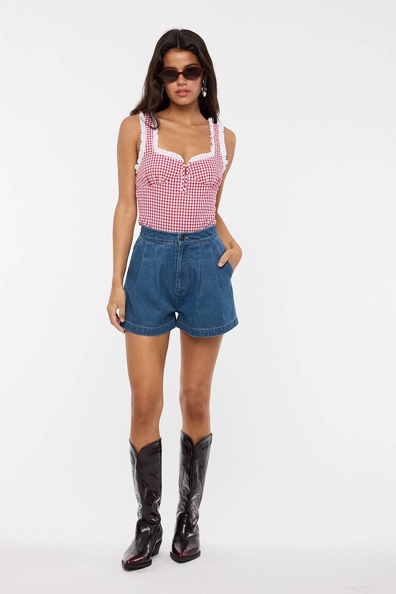 Sky to Moon - VIVID GINGHAM EYELET LACE TRIM CASUAL BODYSUIT