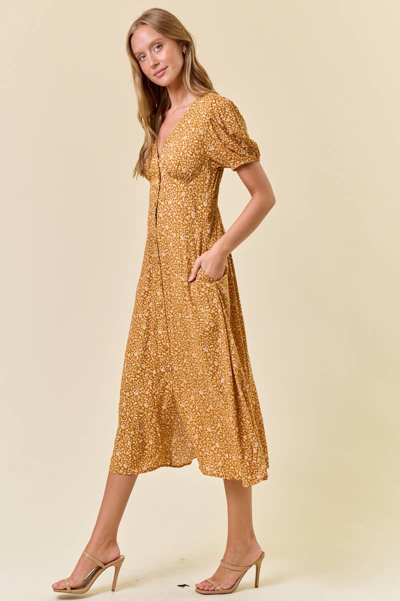 Doe and Rae - DITSY FLORAL PRINT V-NECK PUFF SHORT SLEEVE DRESS