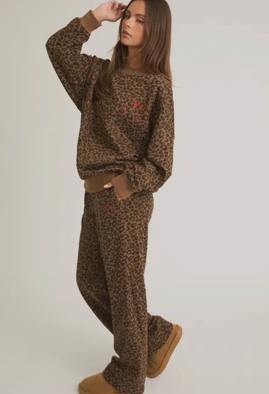 Leopard red bow sweatpant lounge set