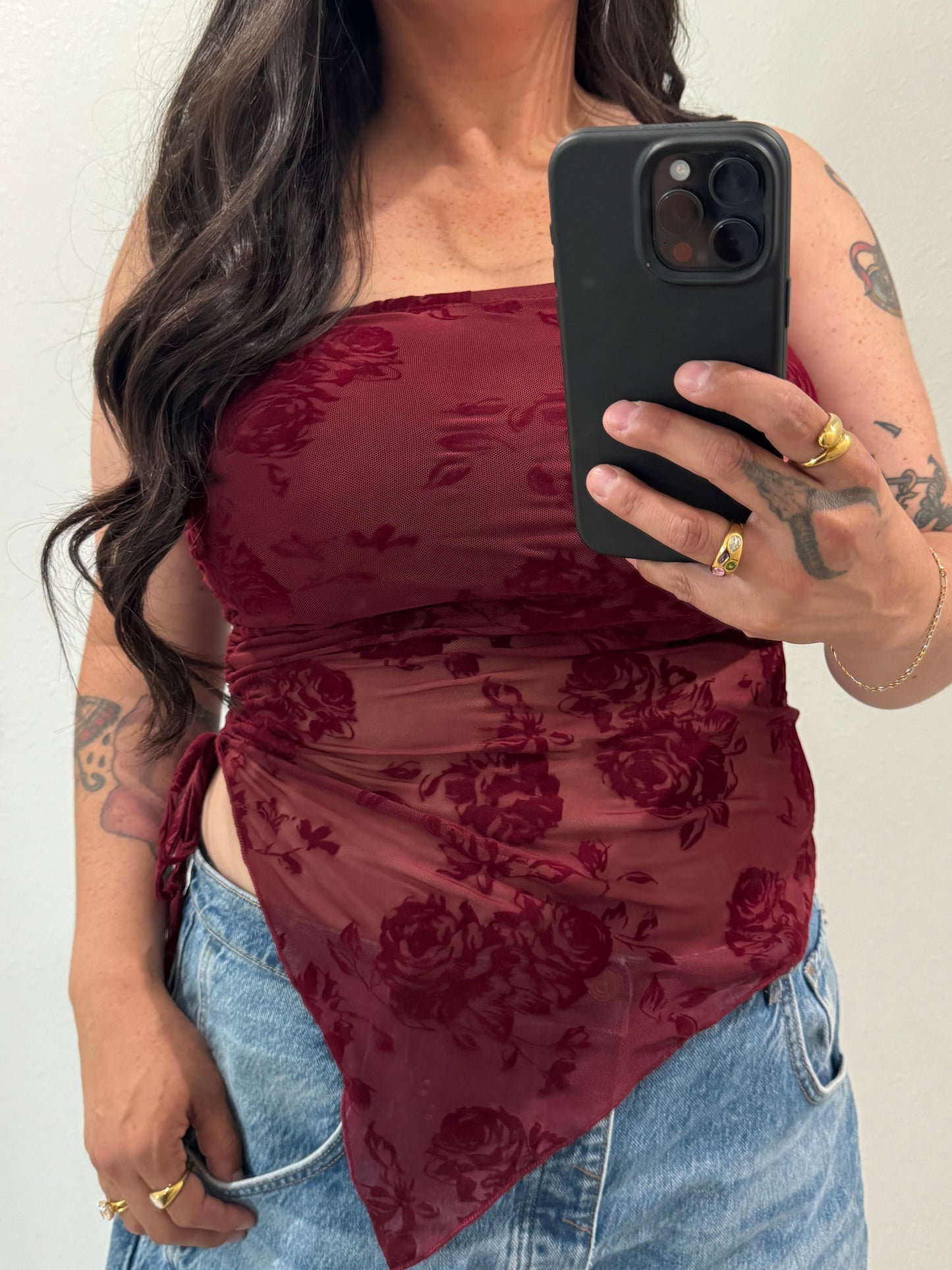 TIMING - Floral Flocked Mesh Handkerchief Tube Top